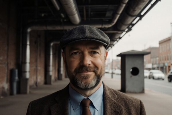 A smiling man in vintage attire stands under an urban overpass with pipes and a city street in the background.