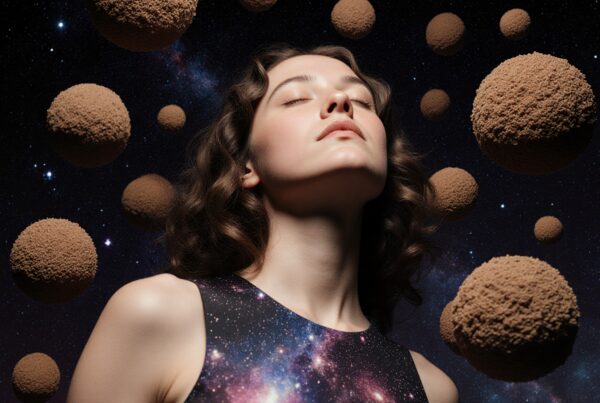 A serene woman in a galaxy-themed dress surrounded by floating celestial spheres in a cosmic background.