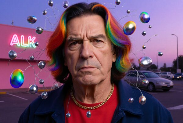 A man with rainbow hair and metallic spheres stands against a twilight urban backdrop with a neon sign.