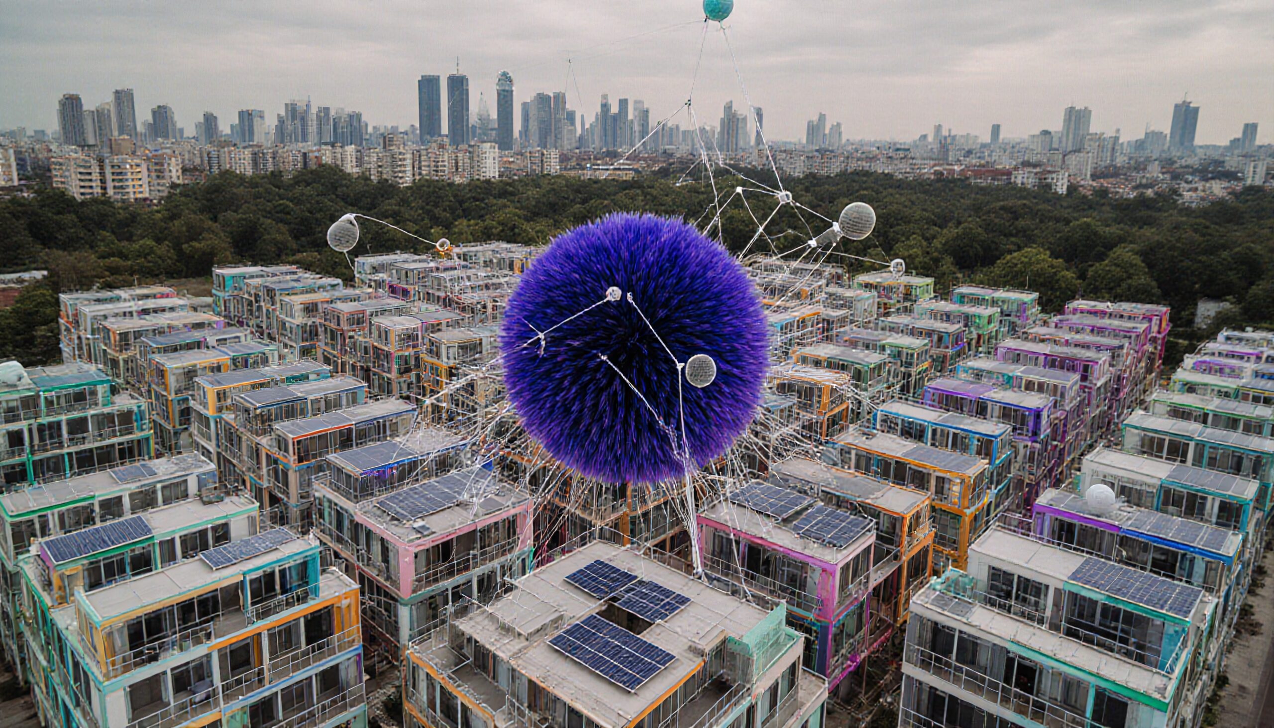 Futuristic Cityscape with Purple Sphere