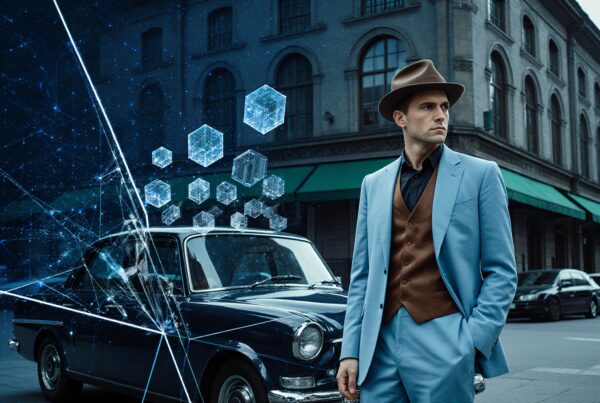 Man in blue suit standing by a vintage car, with digital cubes overlay in urban setting.