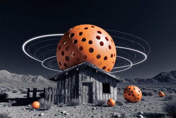 A rustic cabin in a desert with a large, orange, perforated sphere surrounded by glowing rings.