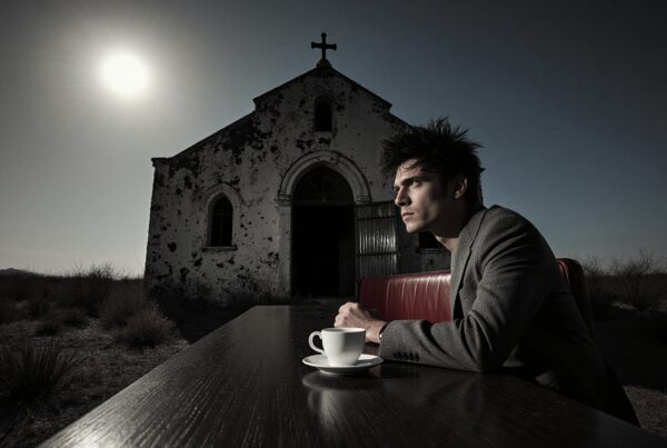 Man in suit sitting at a wooden table outdoors with an old church and sun setting behind, creating a mood of solitude.