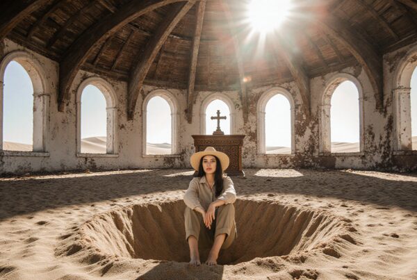 A woman in a sunlit, sand-filled, rustic building sits contemplatively with an altar and cross as backdrop.