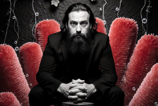 Bearded man in dark suit sits confidently before surreal pink formations and elegant bubbles.