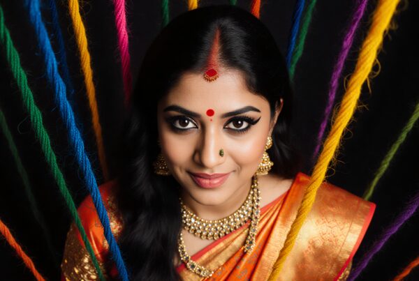 Portrait of woman in traditional orange saree with colorful threads and jewelry.