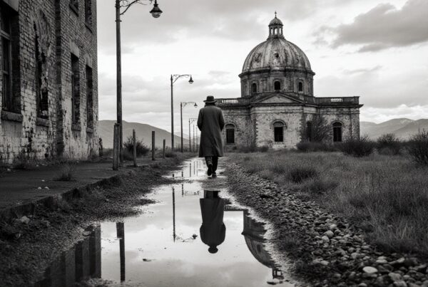 A person walks along a gravel path with puddles, reflections, and an old dome building.