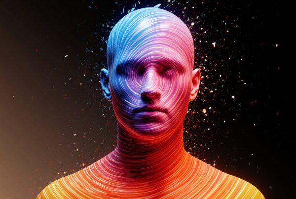 Abstract digital artwork with colorful swirling lines forming a human bust.