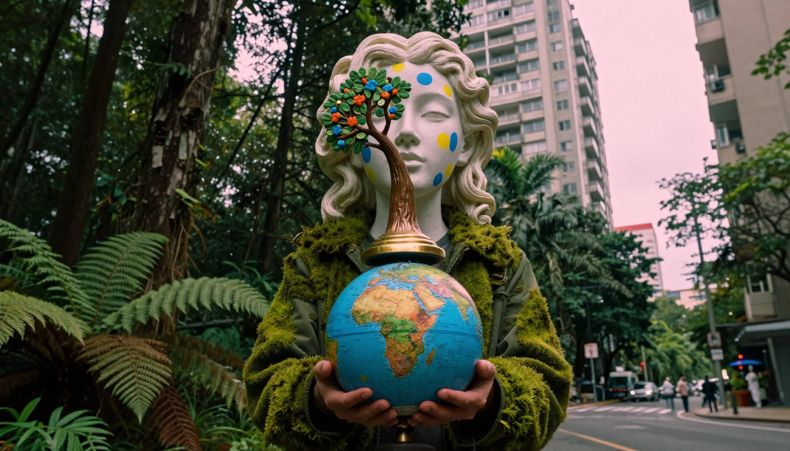 Statue of Life and Globe in Lush Urban Canopy