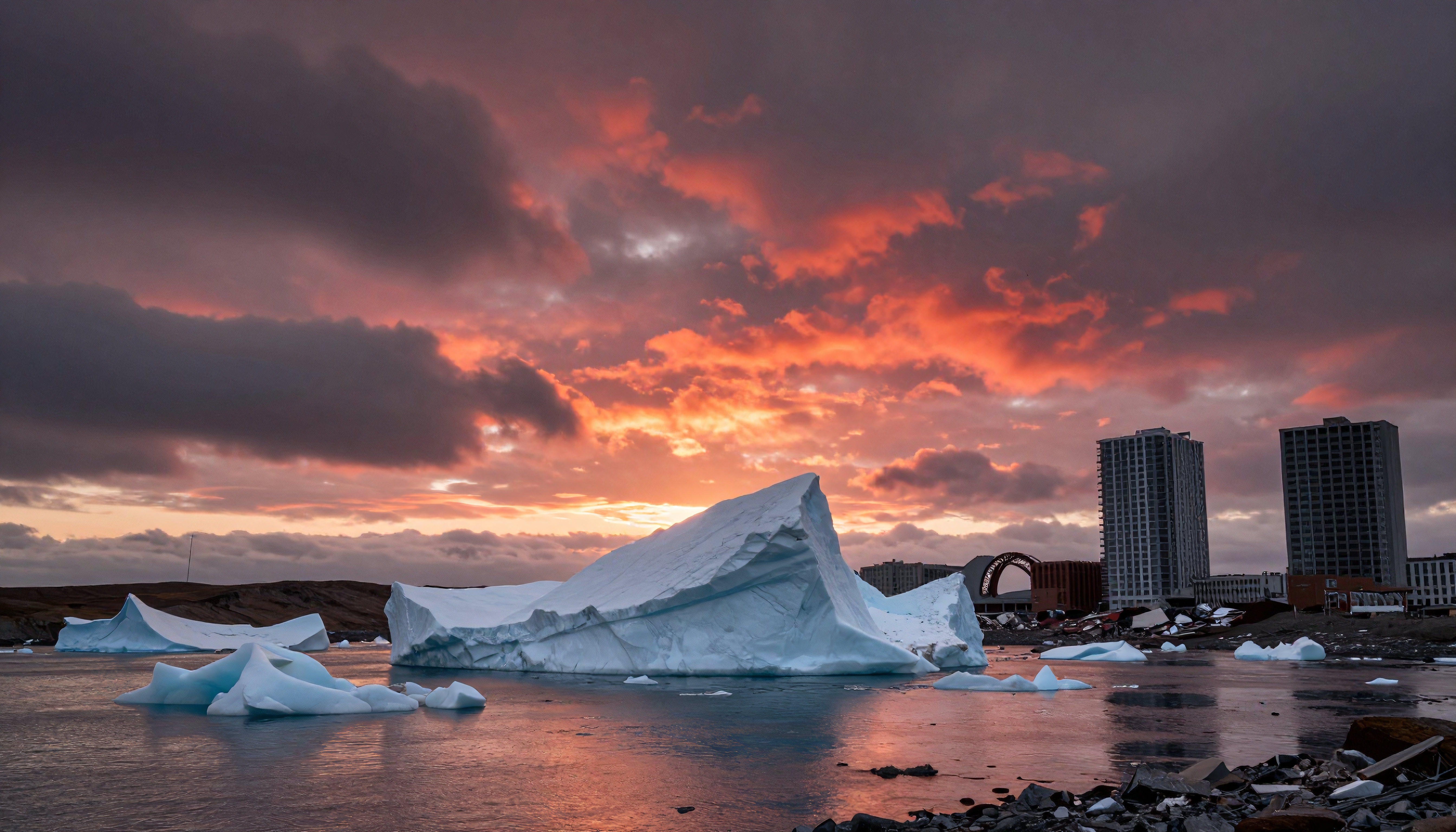 Urban Sunset Over Arctic Water with Icebergs