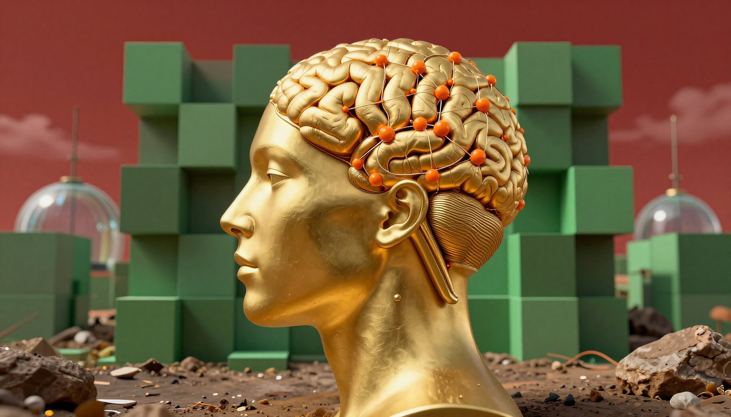 Futuristic Brain in Metallic Sculpture