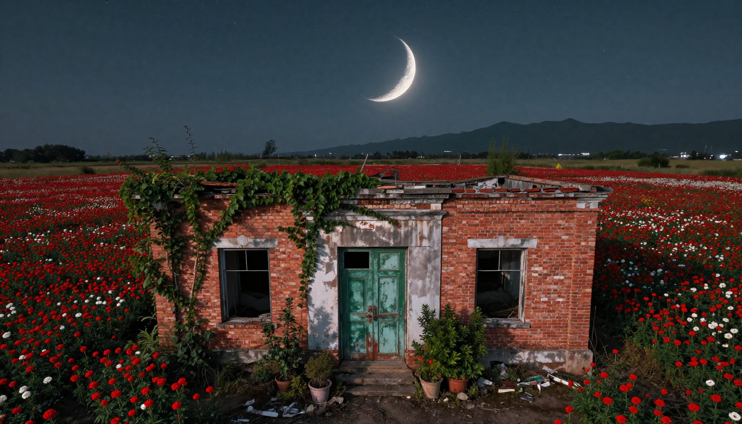 Crescent Moon Over Flower Field