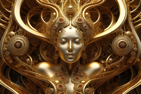 Futuristic golden humanoid face with intricate decorations.