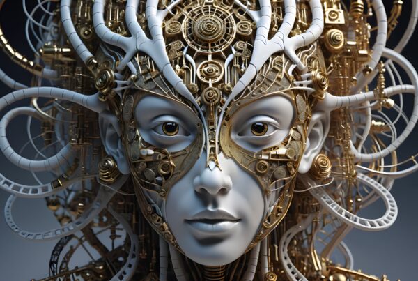 Futuristic cyborg face with intricate mechanical detailing.