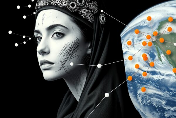 Futuristic woman with global network connections.