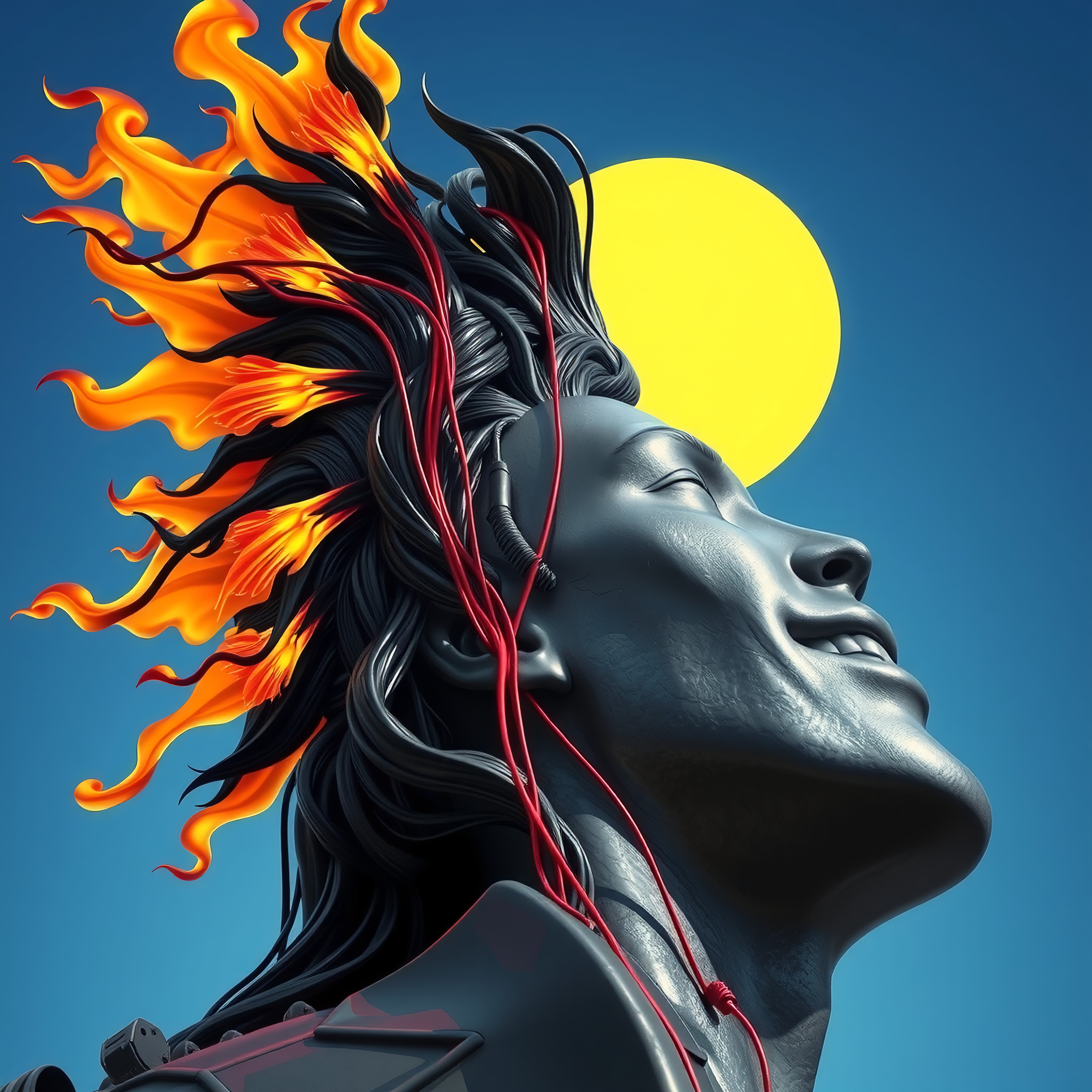 Futuristic Figure with Flaming Hair