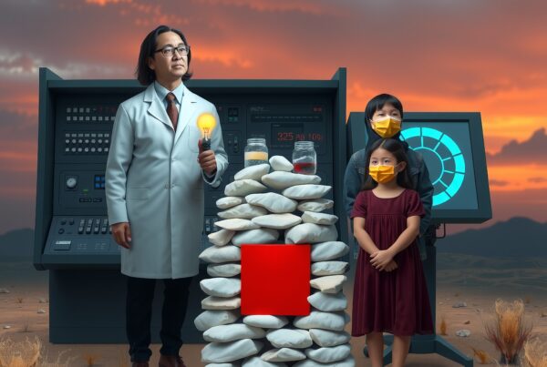 A scientist with children in a desert, near a control panel at sunset.