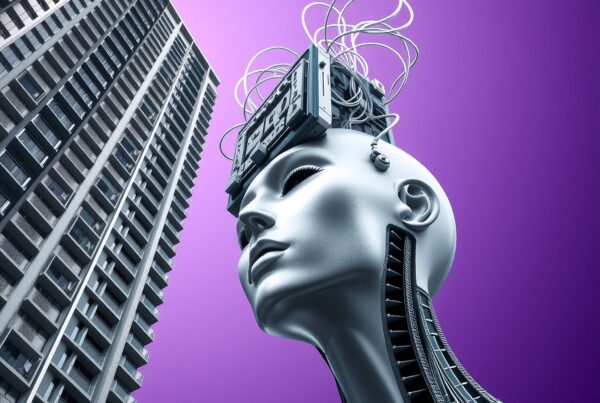 A sleek humanoid and skyscraper against a purple background.