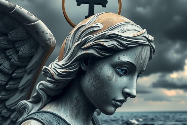 A stunning angel statue with a halo partially submerged in stormy sea waters under a cloudy sky.