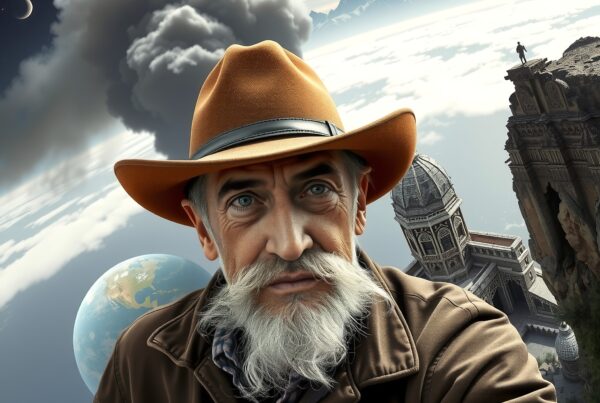 A bearded man in cowboy hat fronting a surreal landscape of celestial bodies and ancient structures.