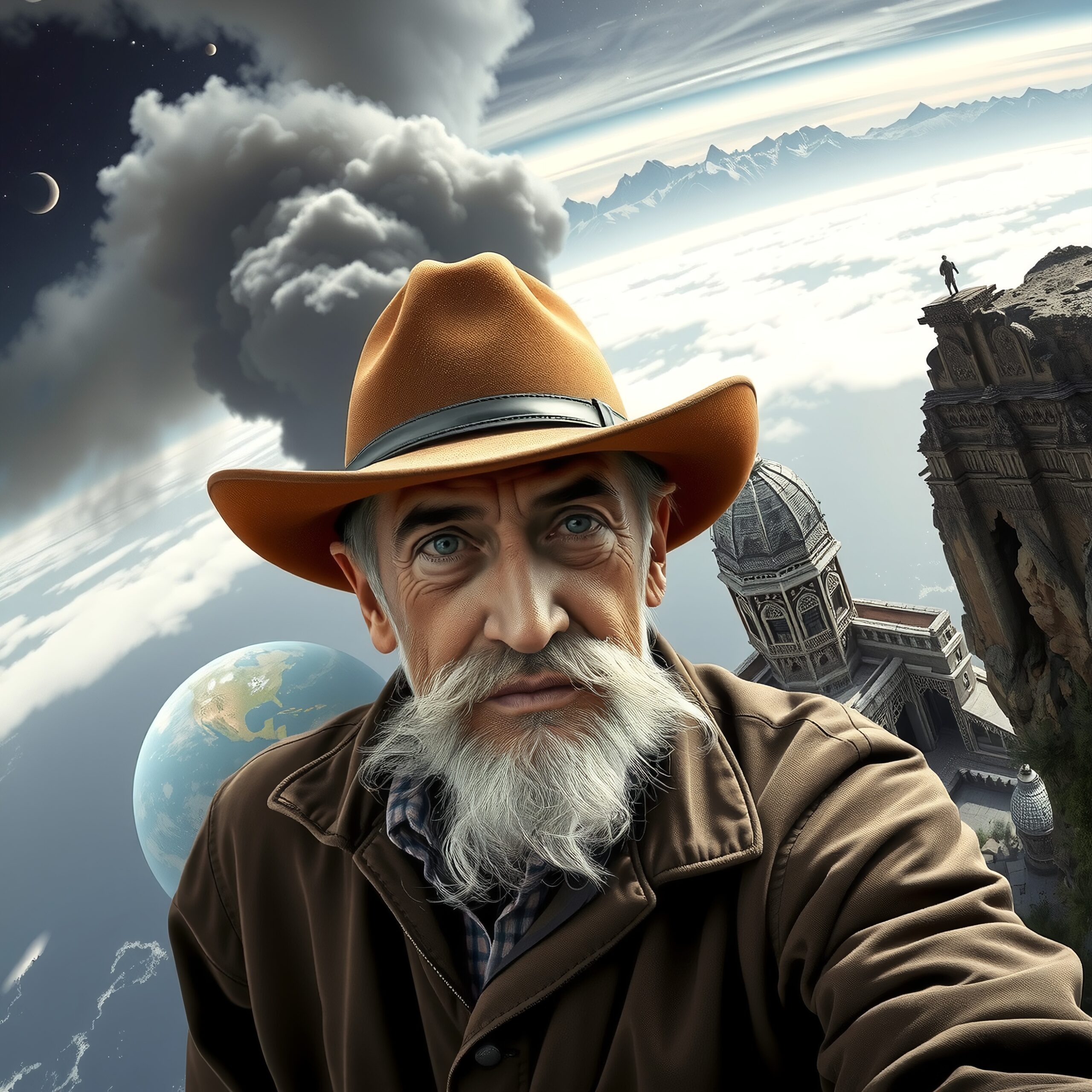 Man with hat and celestial backdrop