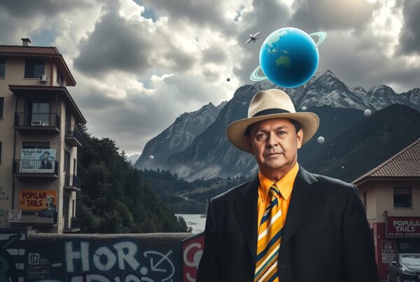 Surreal image of a suited man with a hat in an urban setting, alongside floating planetary and mountainous elements.