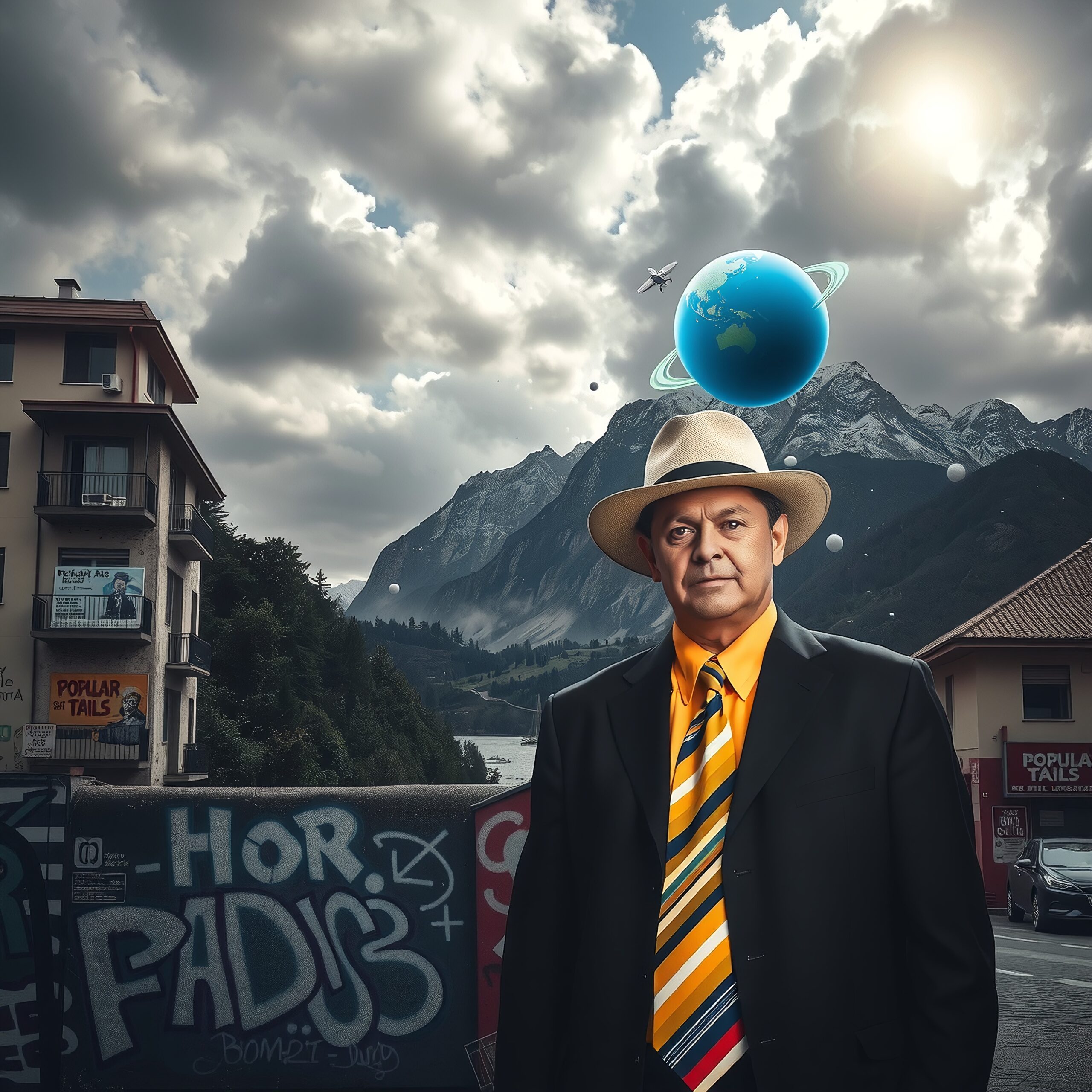 Man in Hat with Floating Globe