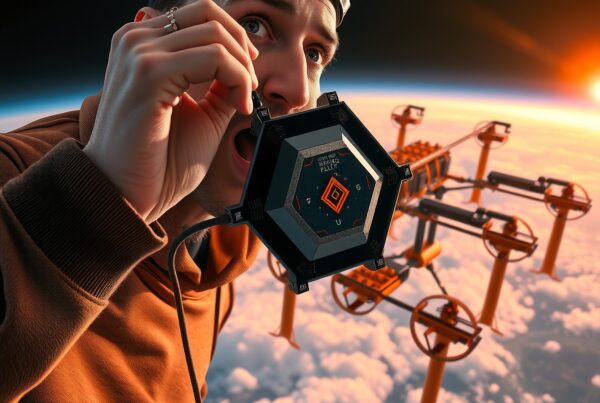 A man in goggles holds a futuristic device, with a space station and sunrise in the background.