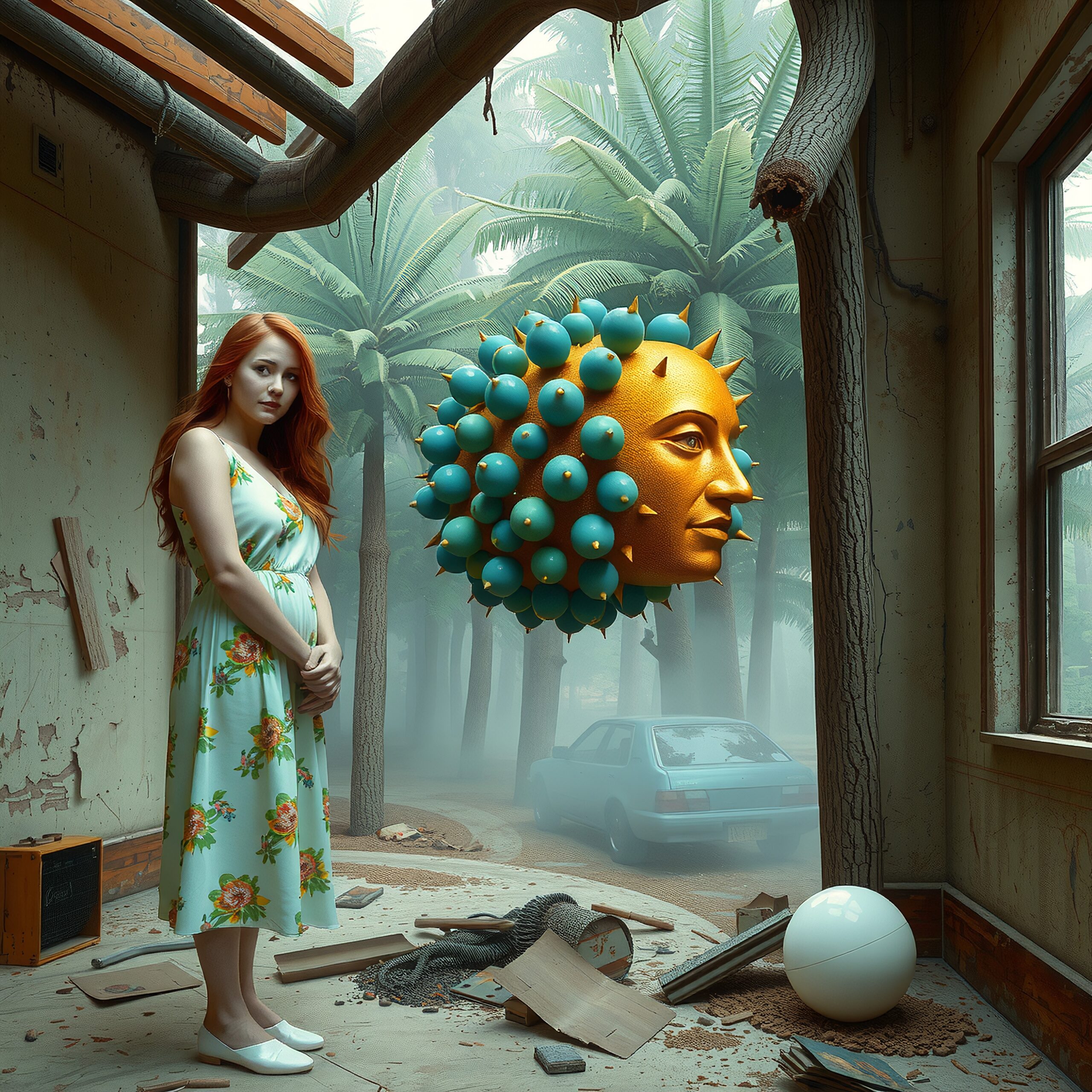 Surreal encounter in misty room