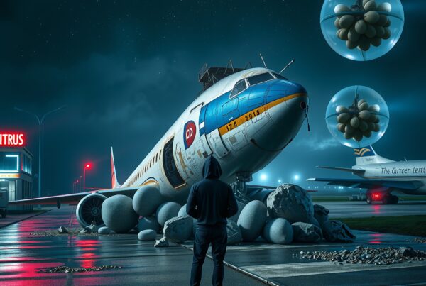 A hooded figure stands before a surreal scene at night, with a partially buried airplane and glowing spheres in the sky.