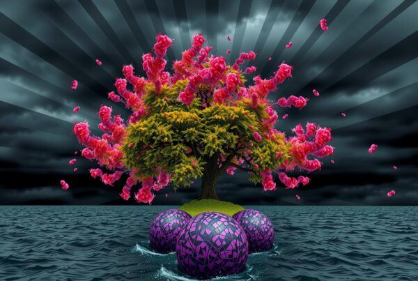 Surreal tree with pink blossoms on a small grassy island surrounded by mosaic spheres in mystic waters.
