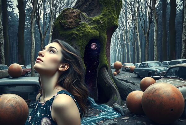Surreal scene of woman in mystical forest with vintage cars and cosmic elements.