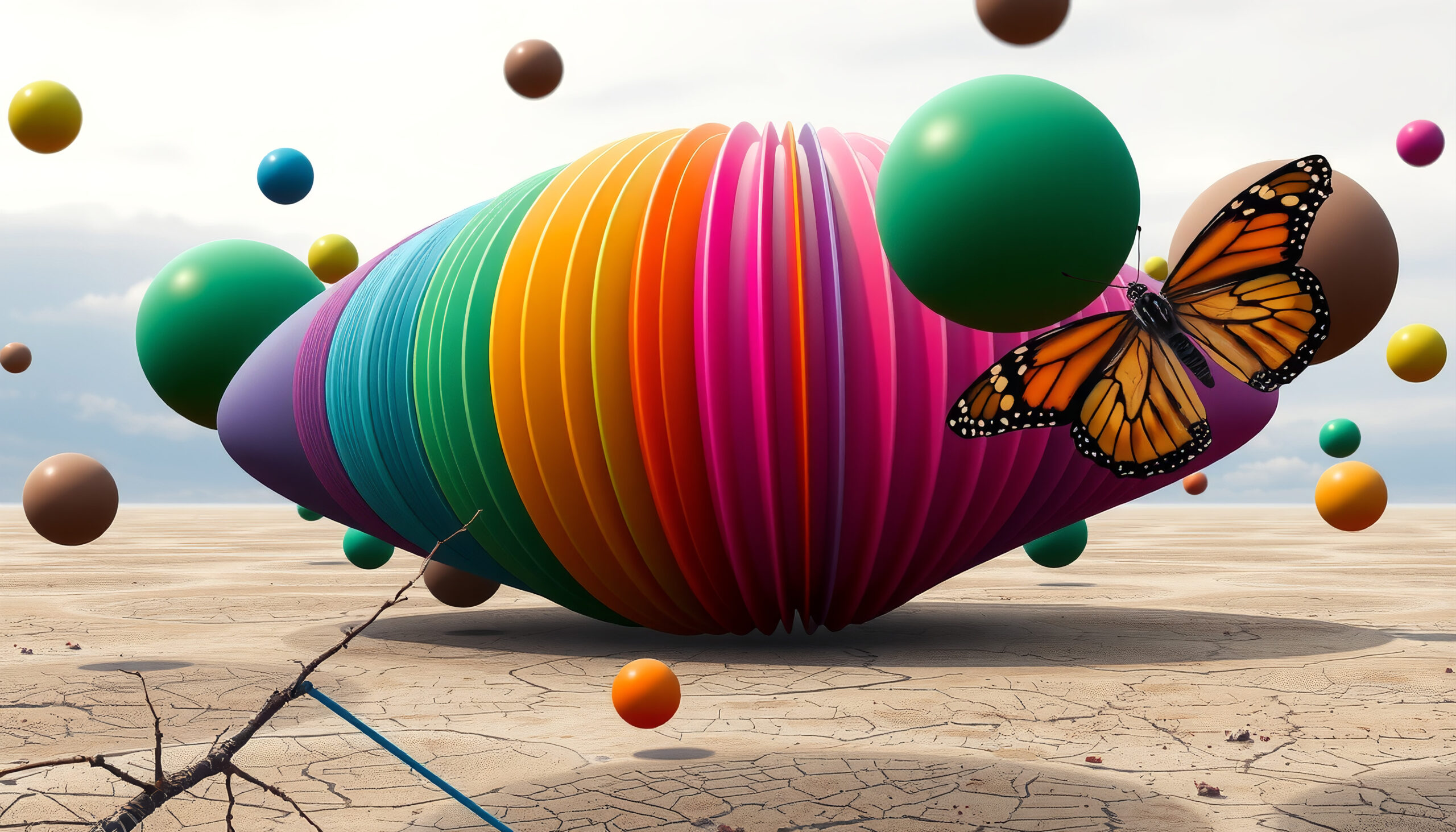 Butterfly and Floating Orbs on Dry Earth