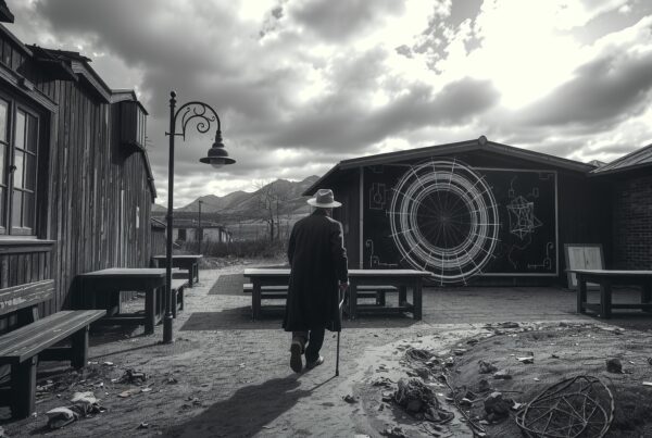 A man in a coat and hat walks through a desolate courtyard with geometric designs on a building.