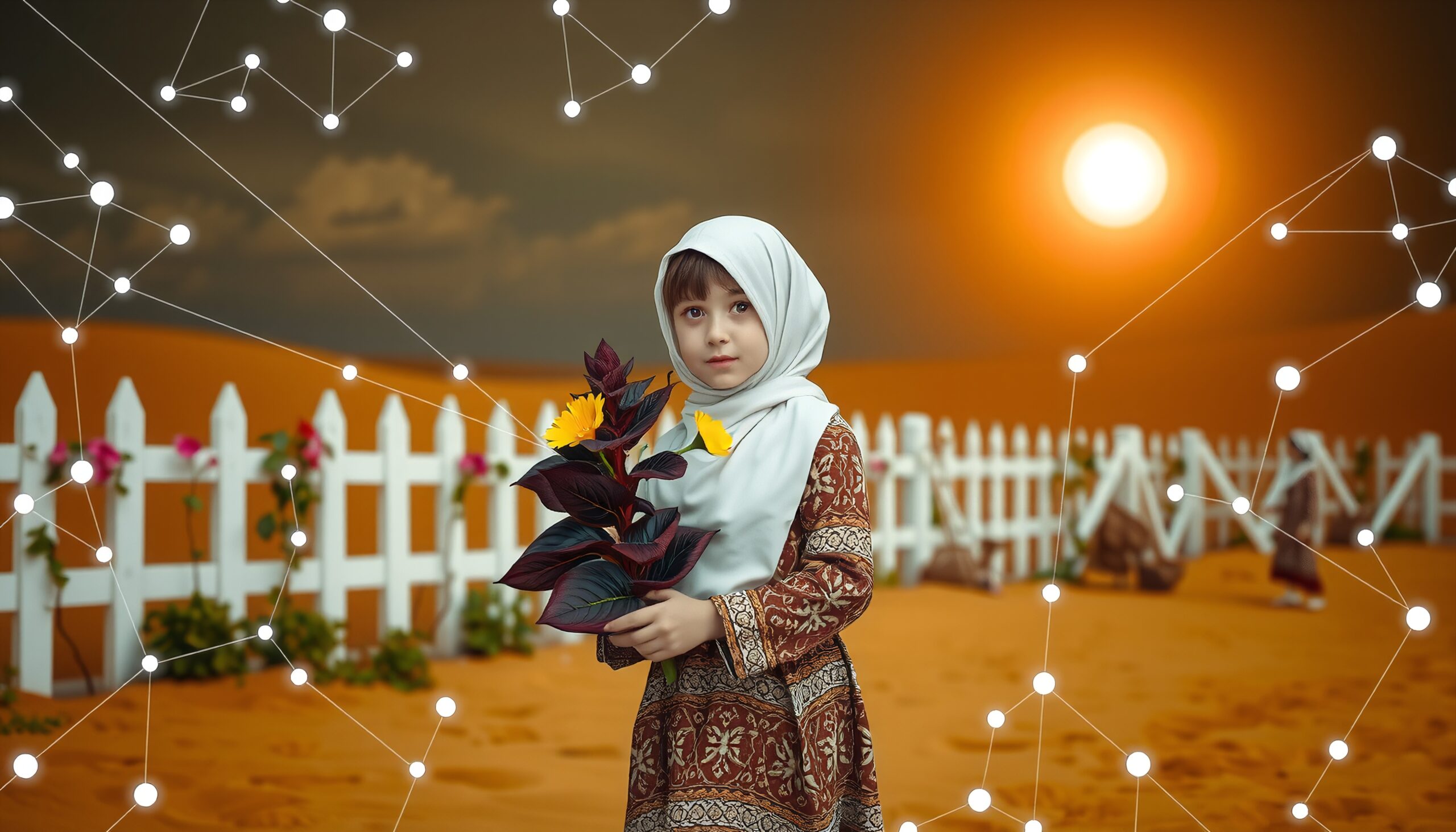 Girl in desert holding flowers