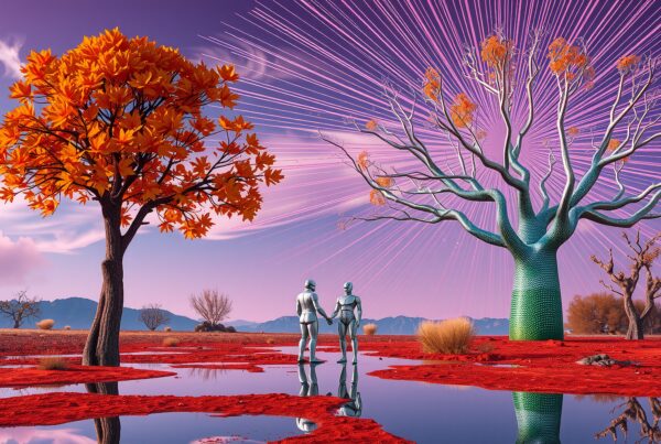 Two humanoid figures meet in a surreal landscape with vibrant red terrain and abstract trees under a purplish sky.
