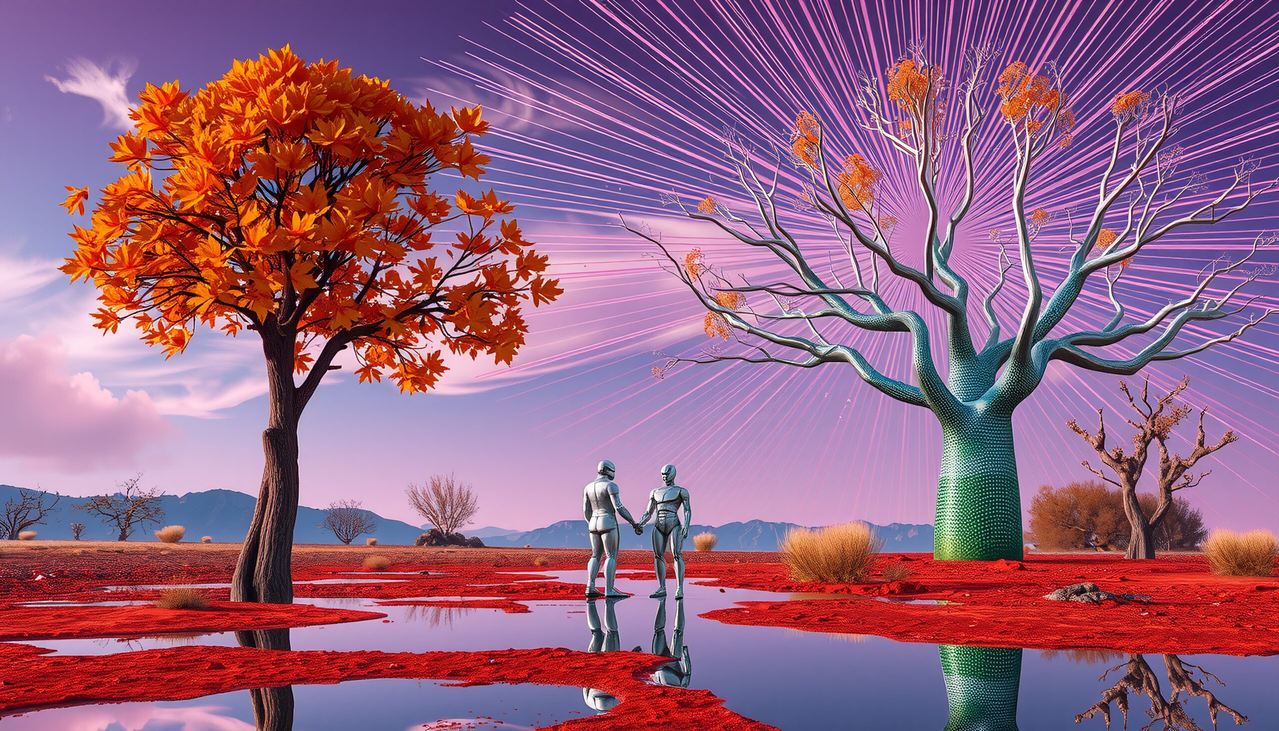 Futuristic Encounter in Vibrant Landscape