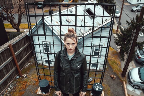 A woman stands in front of a cage-like structure surrounding a house, set against an urban background.