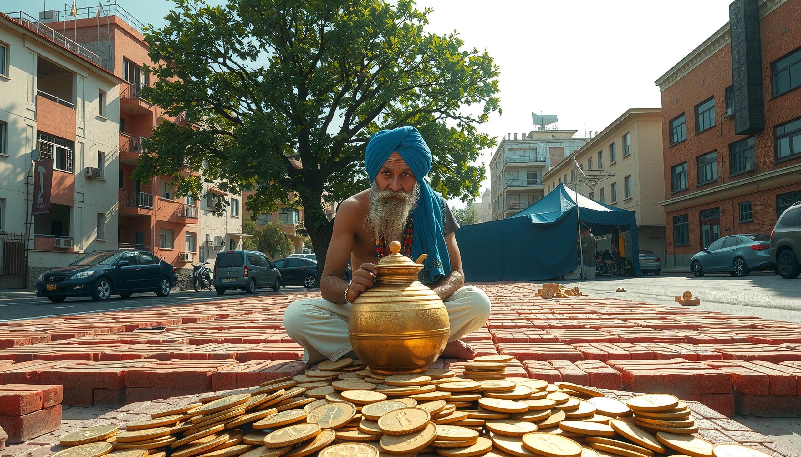 Mystic with gold coins outdoors