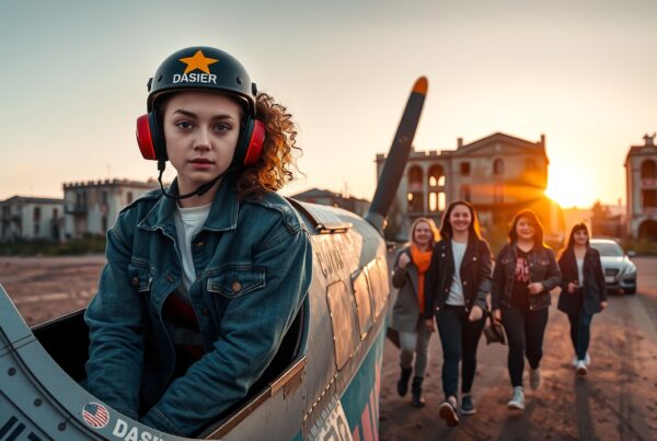Young girl in a toy fighter plane with a sunset backdrop.