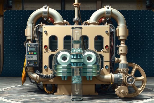 A steampunk machine with metallic pipes and intricate components in an industrial workshop setting.