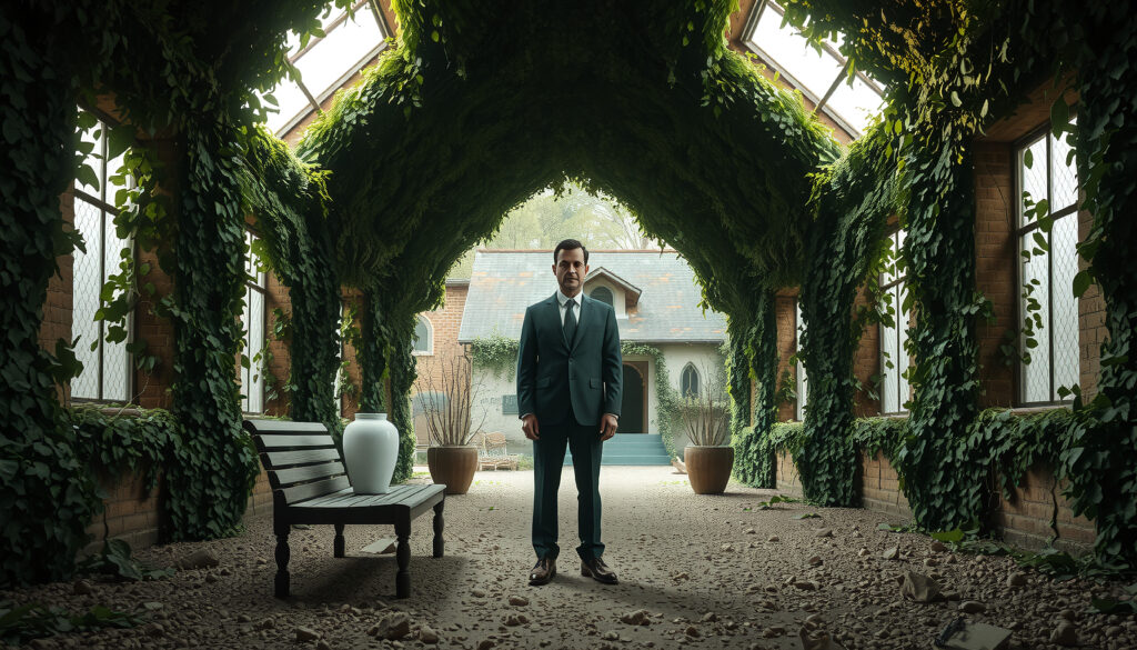 Man in Suit Standing in Lush Greenhouse Tunnel