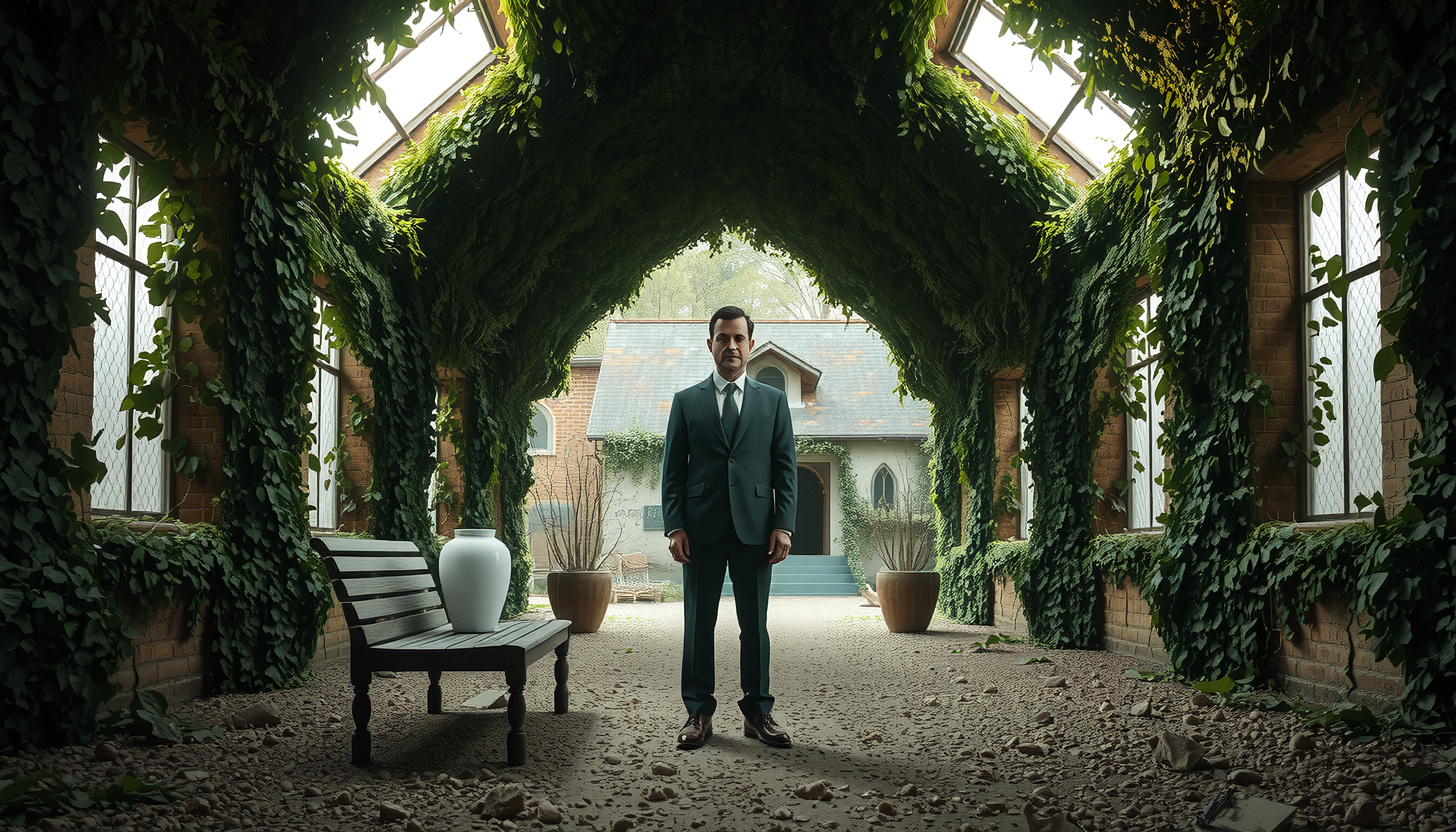 Man in Suit Standing in Lush Greenhouse Tunnel