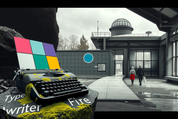 Vintage typewriter on mossy rock beside futuristic building where two people walk away into misty doorway