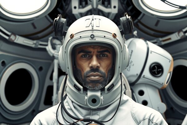 Astronaut in white suit inside spacecraft capsule.