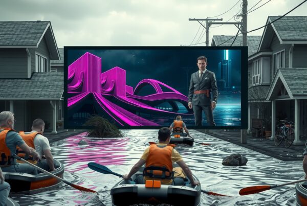 Surreal image of people rowing through flooded street by neon screen displaying futuristic cityscape.