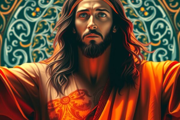 Close-up of a man in an orange robe with detailed patterns, standing against an intricately designed background featuring swirling floral motifs, exuding a serene and contemplative expression.