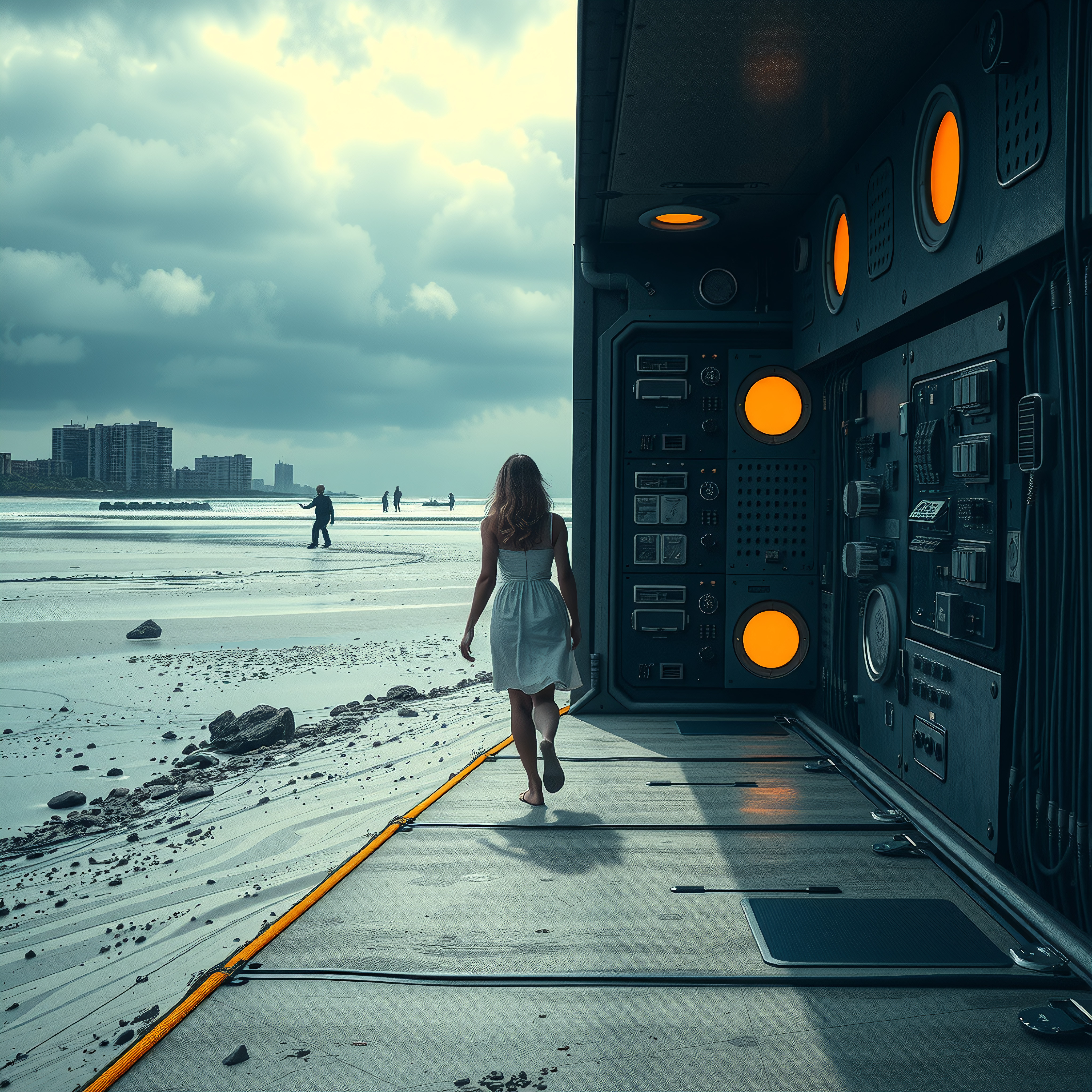 Woman walking through futuristic terminal