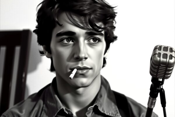 Portrait of a young musician with vintage microphone.