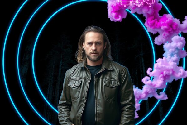 A man in a forest with blue rings and pink smoke, merging technology and nature.